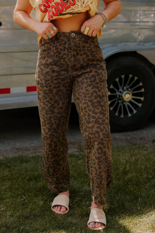 Brown Clear Seam Detail Patchwork Leopard Print Jeans