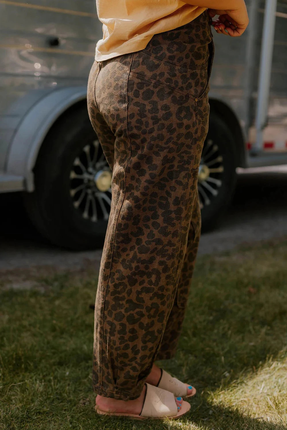 Brown Clear Seam Detail Patchwork Leopard Print Jeans