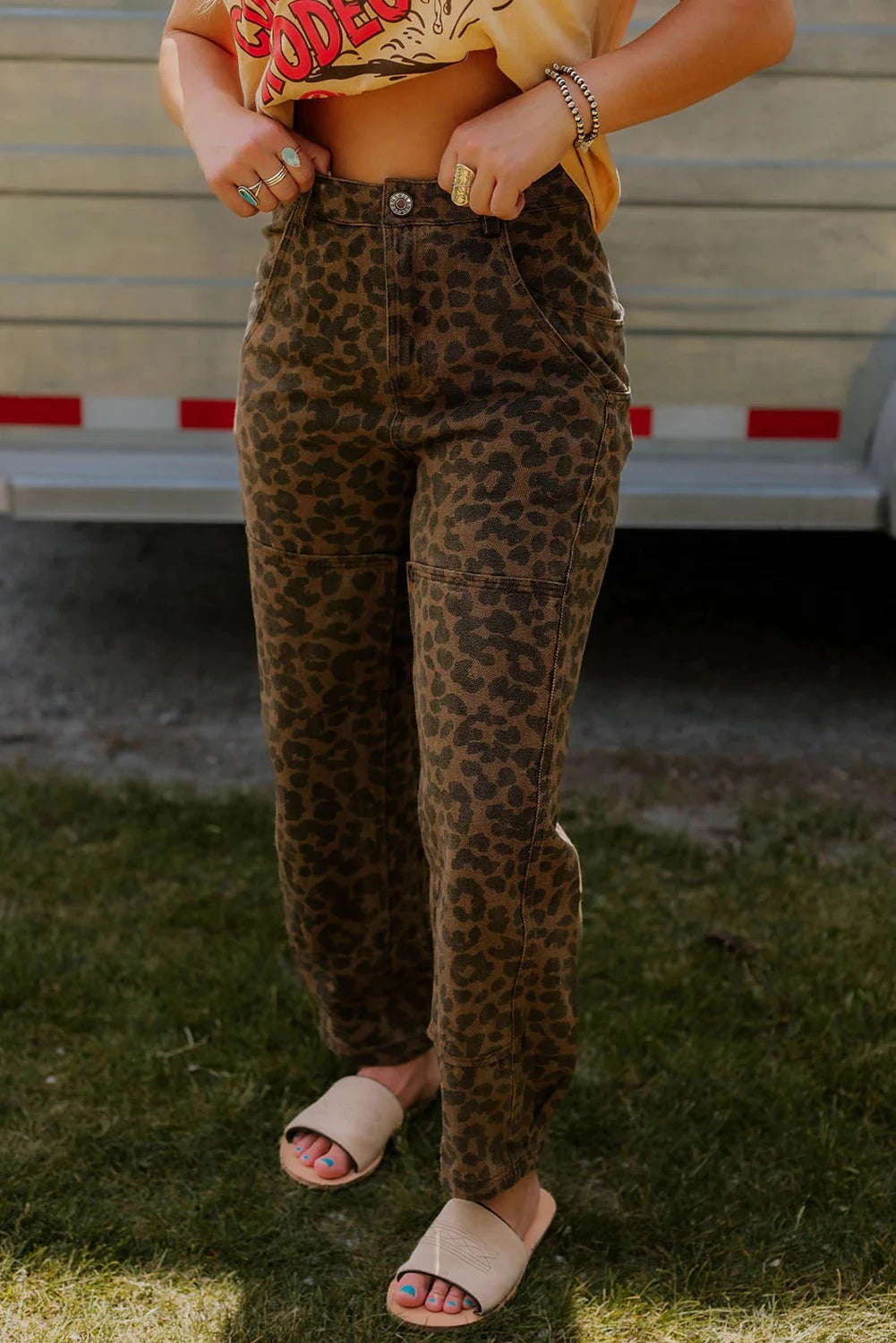 Brown Clear Seam Detail Patchwork Leopard Print Jeans