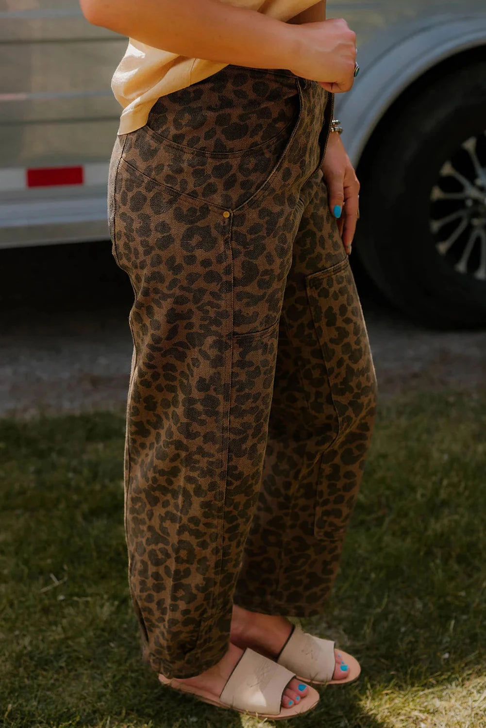 Brown Clear Seam Detail Patchwork Leopard Print Jeans