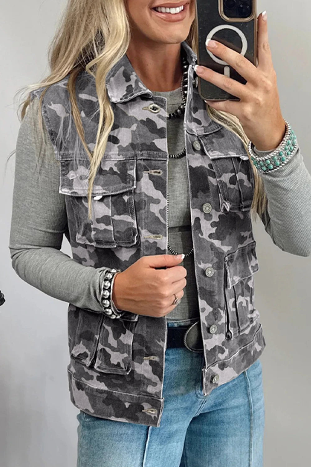 Green Camo Cargo Denim Vest