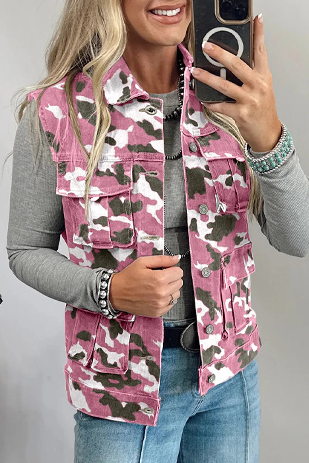 Green Camo Cargo Denim Vest