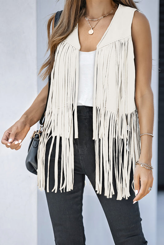 White Fringed Quilted Hem Open Vest Coat
