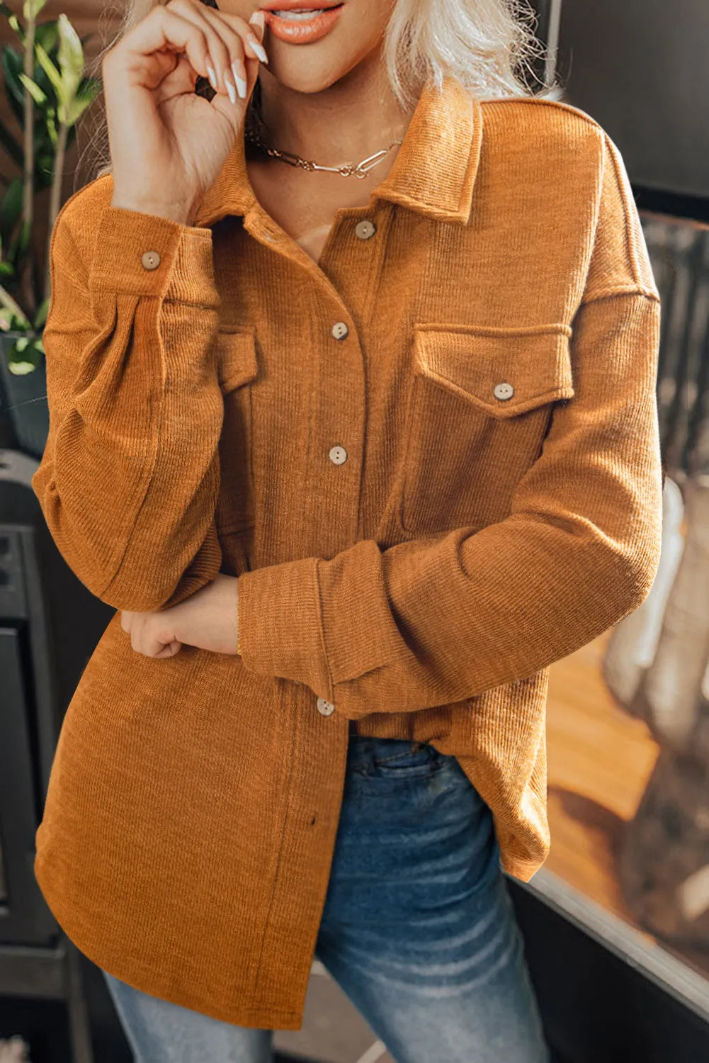 Russet Orange Flap Pocket Textured Knit Solid Color Casual Shacket