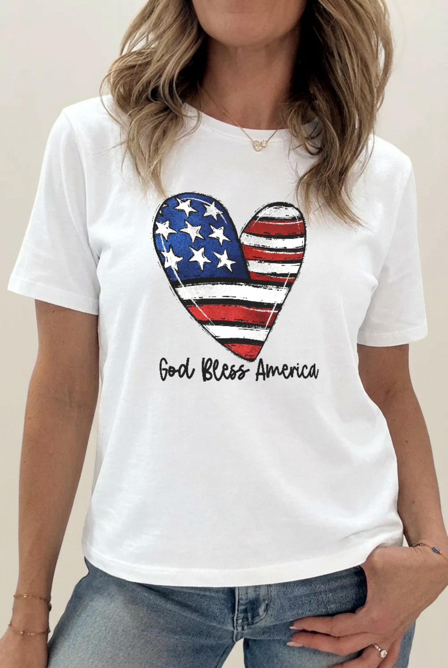 Patriotic Graphic Cotton Tee Heart Flag Freedom Top
