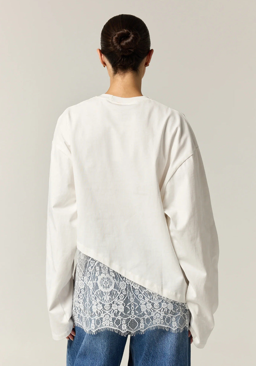 Women's Asymmetrical Lace Trim Long Sleeve Top