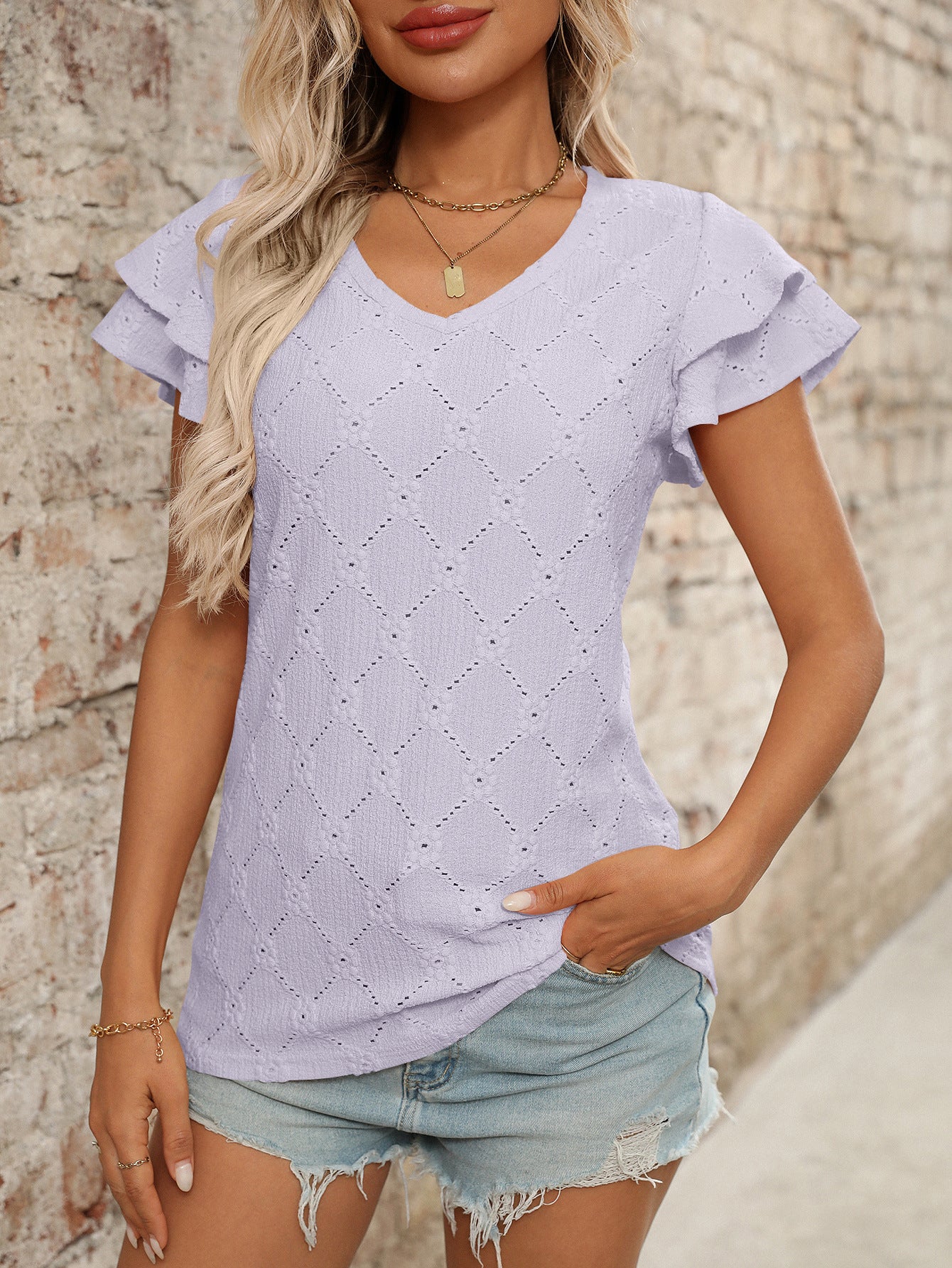V Neck Eyelet Ruffle Sleeve Knit Summer Casual Top