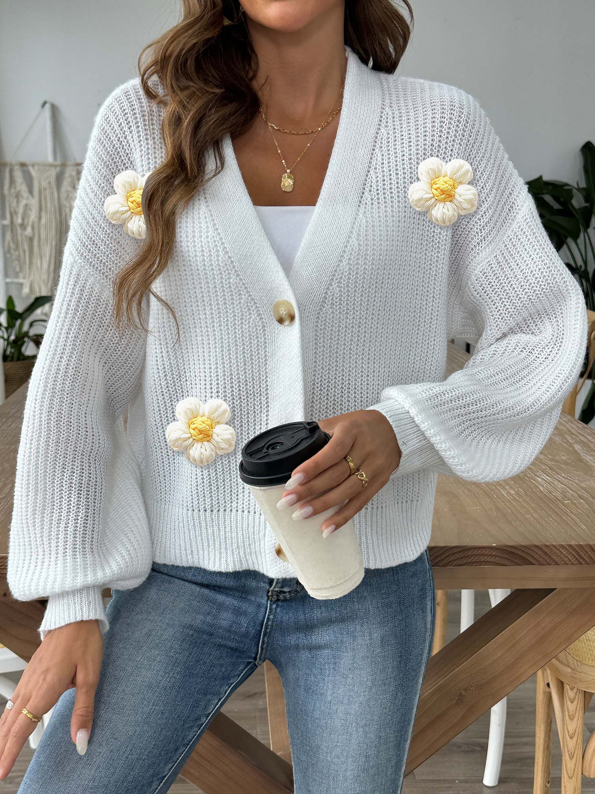 Women's Crochet Flower V Neck Button Down Cropped Cardigan