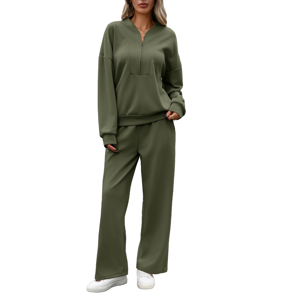 Women's Two Piece Quarter Zip Sweatshirt Wide Leg Pants Set