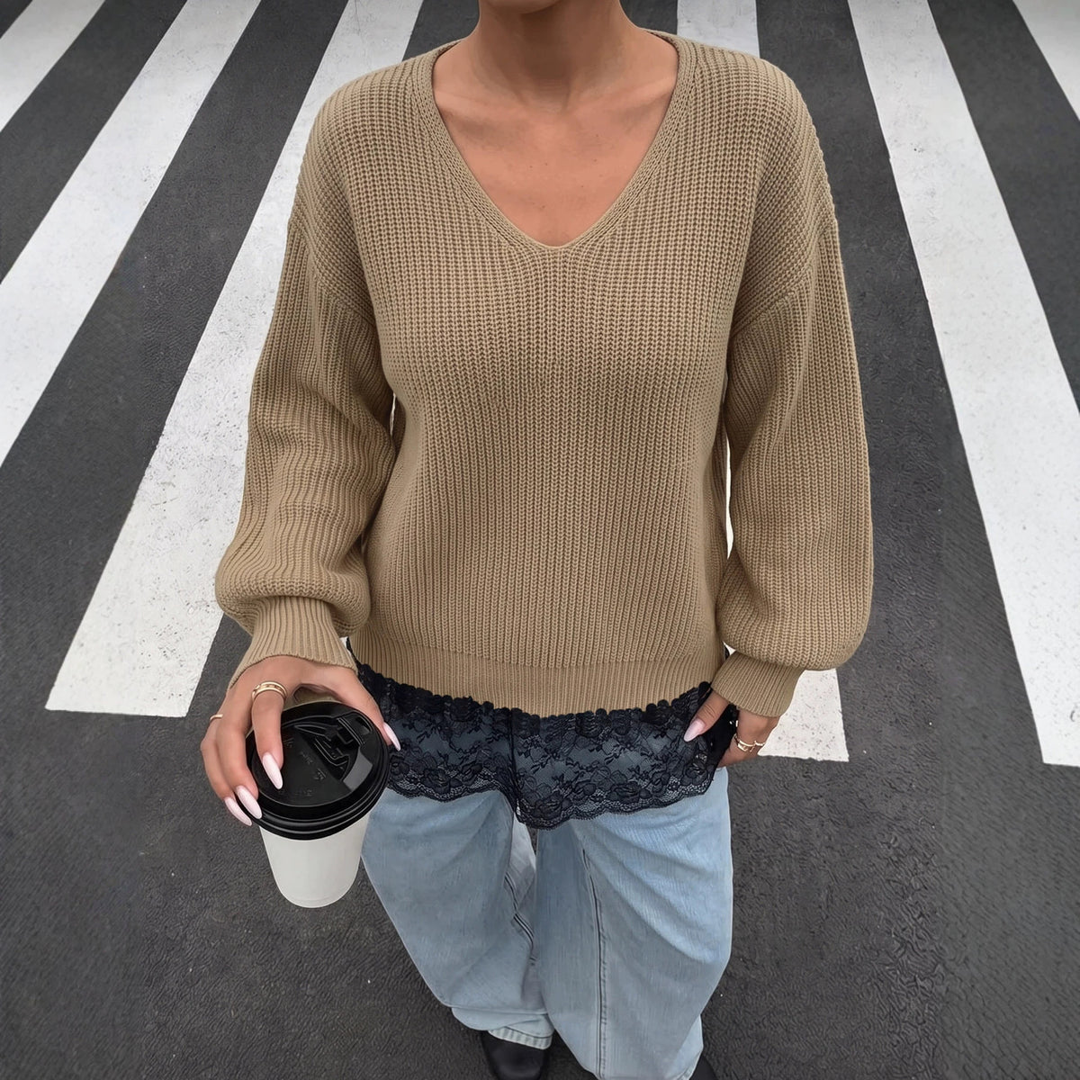 Women's Oversized Lace Trim Sweater V-Neck Lantern Sleeve
