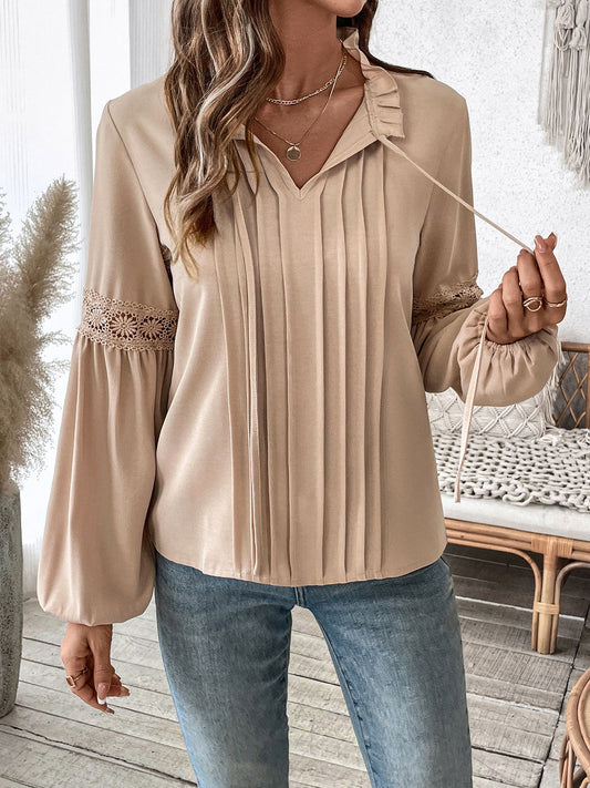 Elegant White Lace V-Neck Pleated Blouse for Spring & Fall
