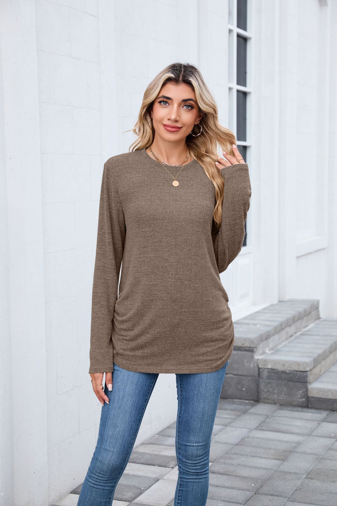 Soft Long Sleeve Round Neck Tunic Top | Loose Fit Casual Shirt for Women