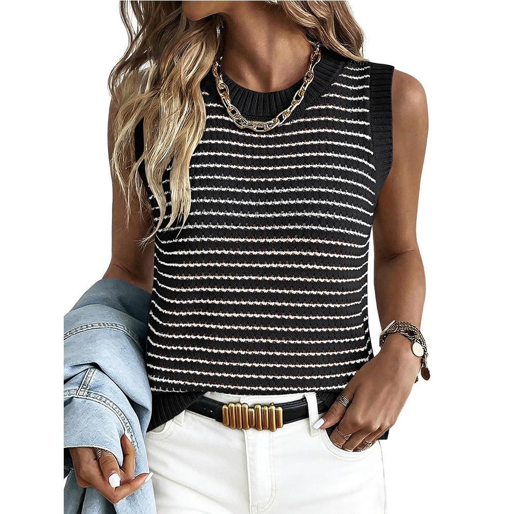 Striped Knit Top Casual Crew Neck Sleeveless