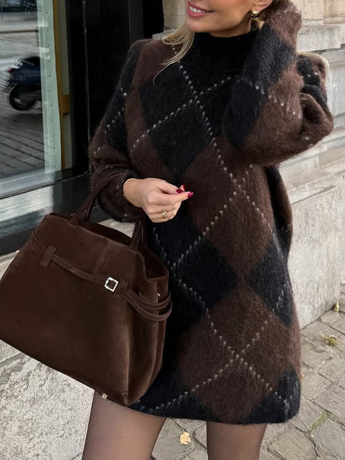 Oversized Argyle Turtleneck Knit Mini Sweater Dress