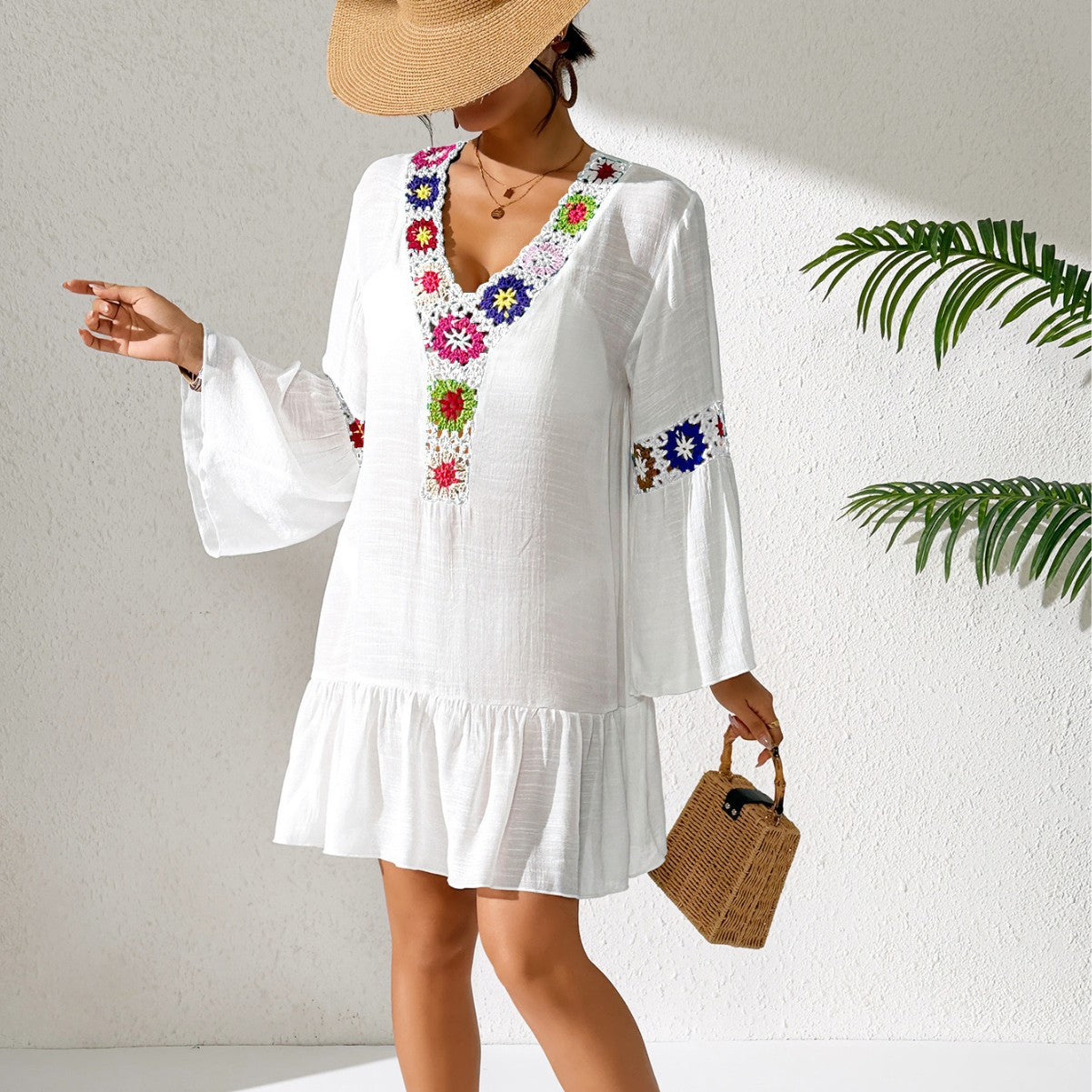 Boho Crochet Trim V Neck Bell Sleeve Ruffle Dress