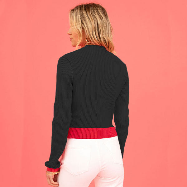 Women's Colorblock Heart Mock Neck Cropped Sweater