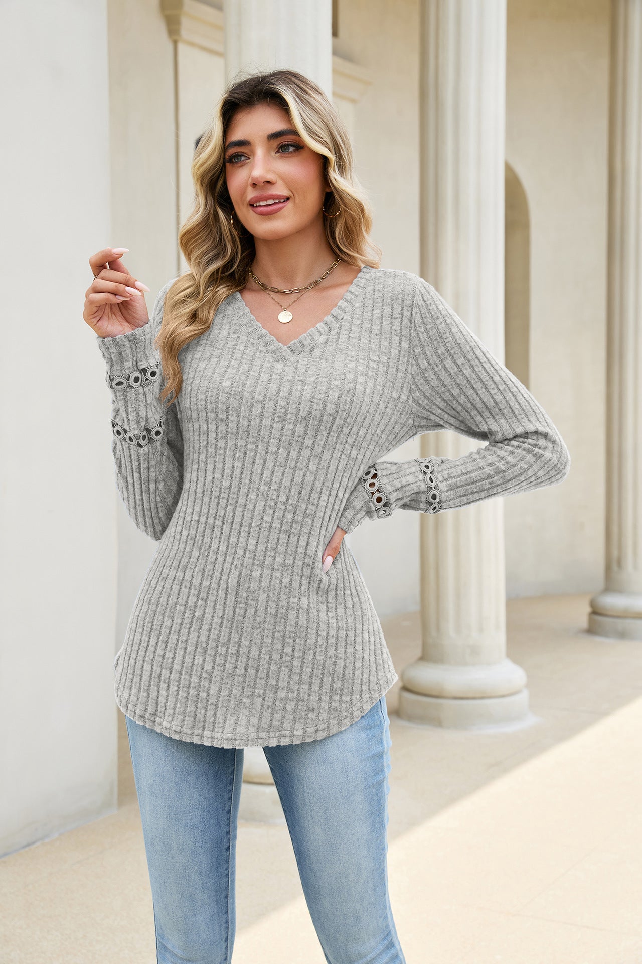 Solid Ribbed Knit Top V Neck Trendy Long Sleeve