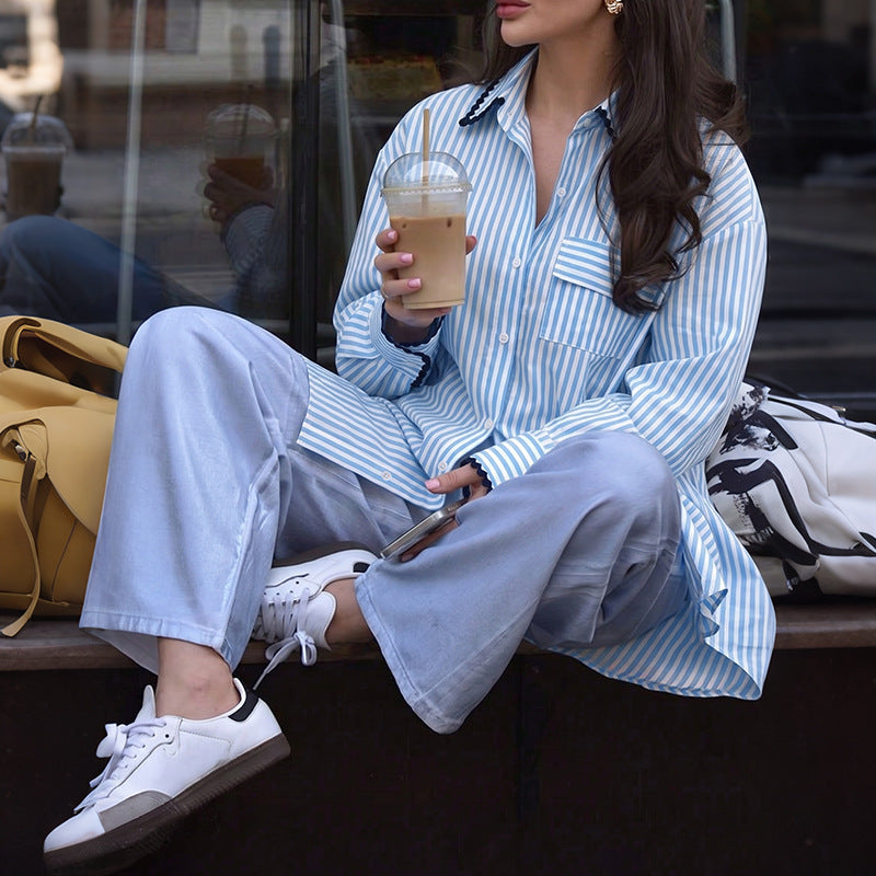 Striped  Shirt Preppy Oversized Button Front