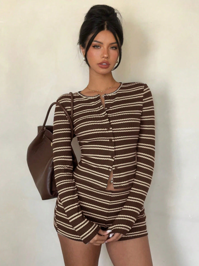 Striped Knit Cardigan and Shorts Two Piece Set