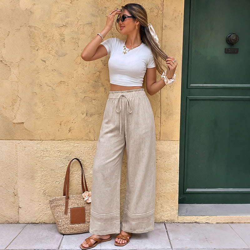 Solid Linen Pants Casual Drawstring Wide Leg Lace Trim