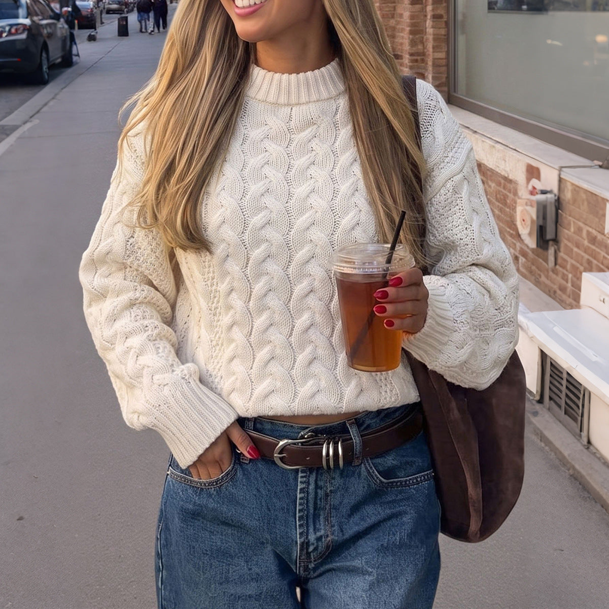 Women's Oversized Cable Knit Crew Neck Sweater