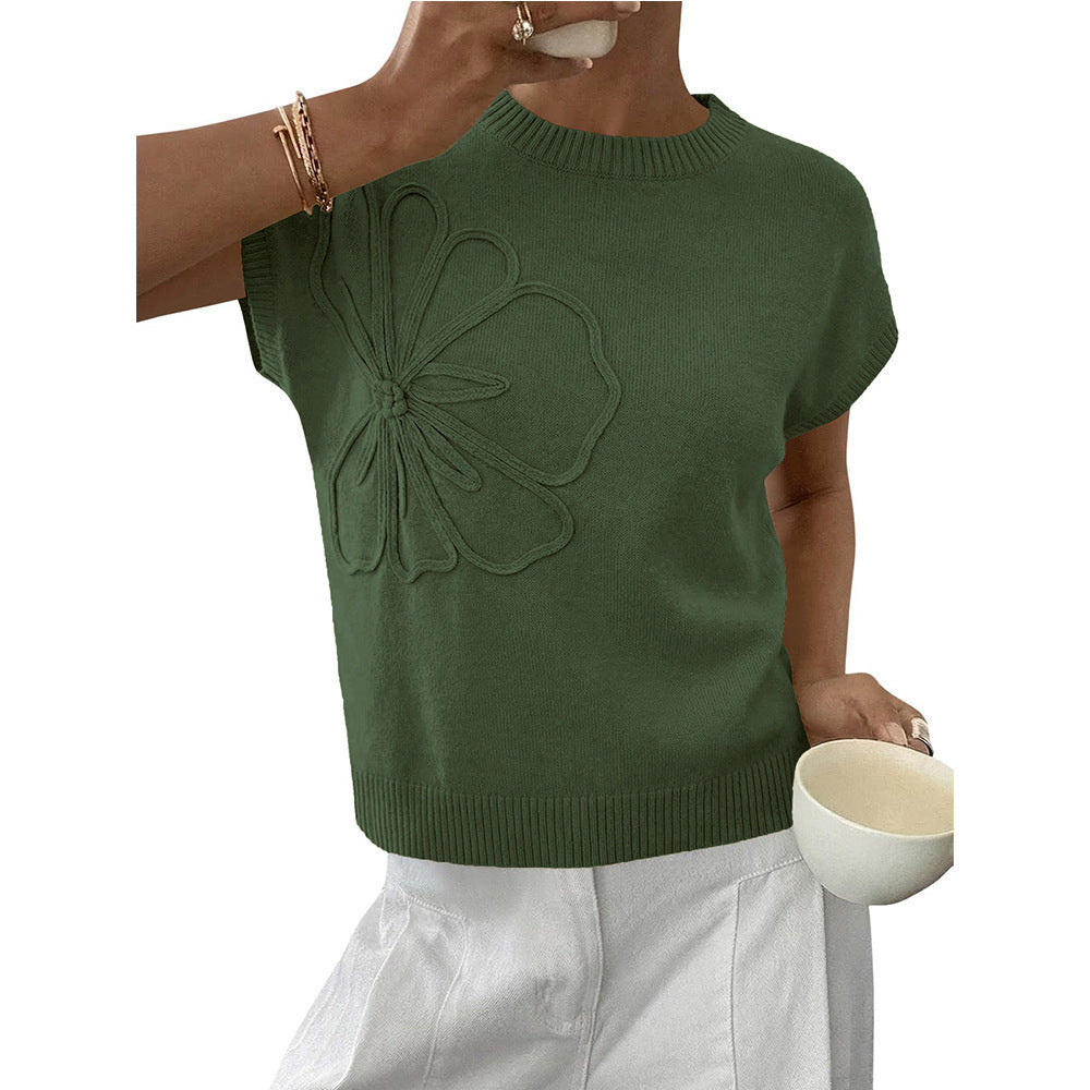 Womens 3D Floral Knit Top Short Sleeve Pullover