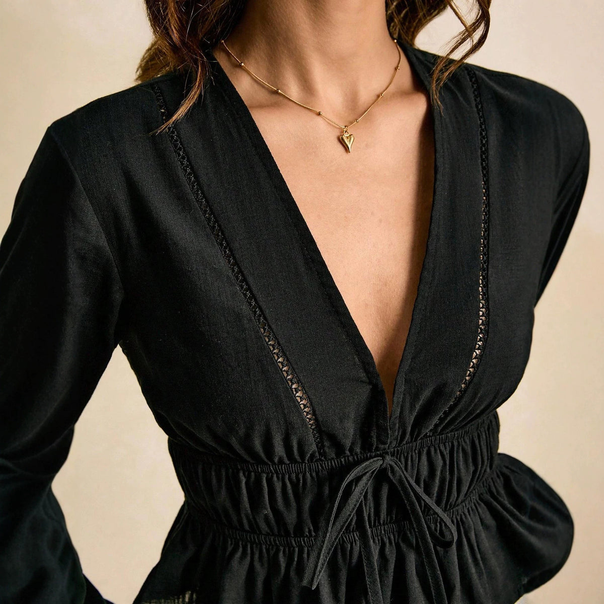 Women's Deep V Neck Eyelet Tie Front Peplum Blouse