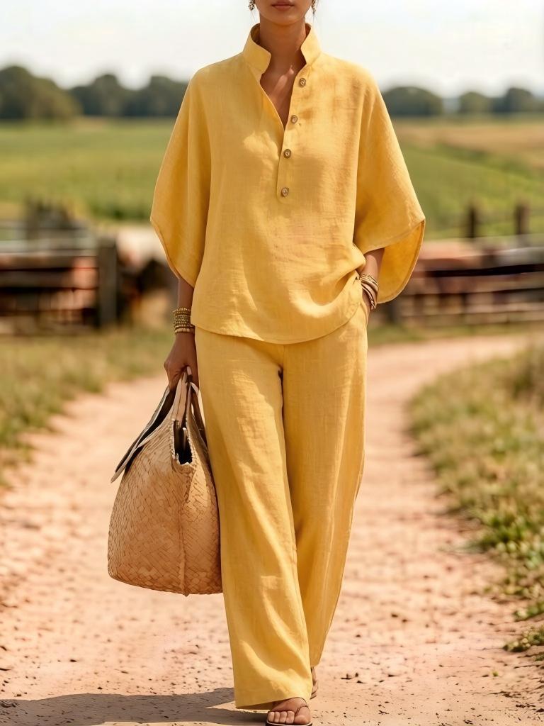 Solid Linen Blend Button Top Wide Leg Pant Set