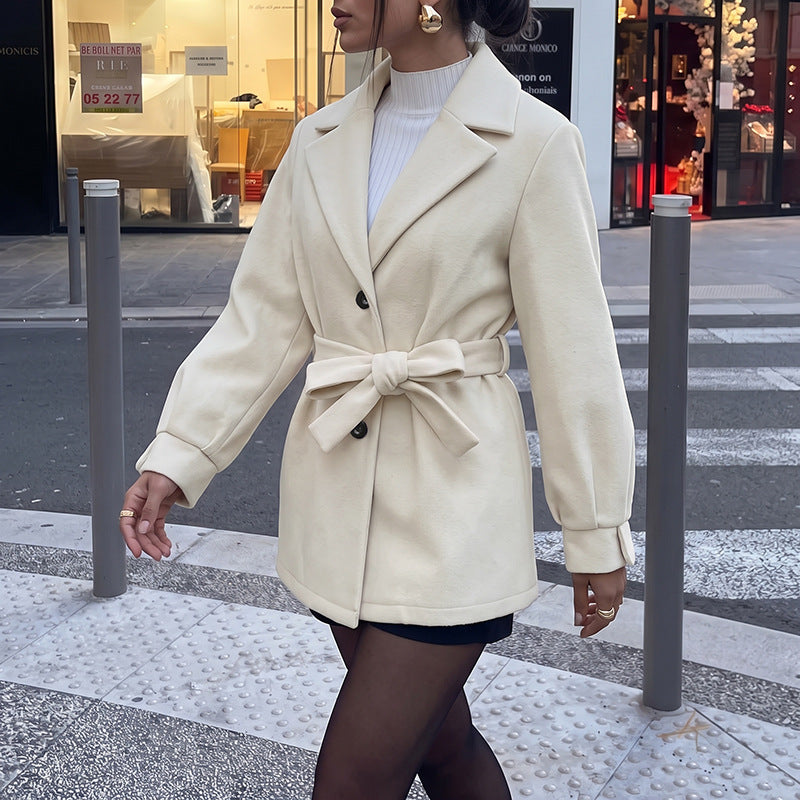 Womens Belted Coat Mid Length Lapel Winter Jacket
