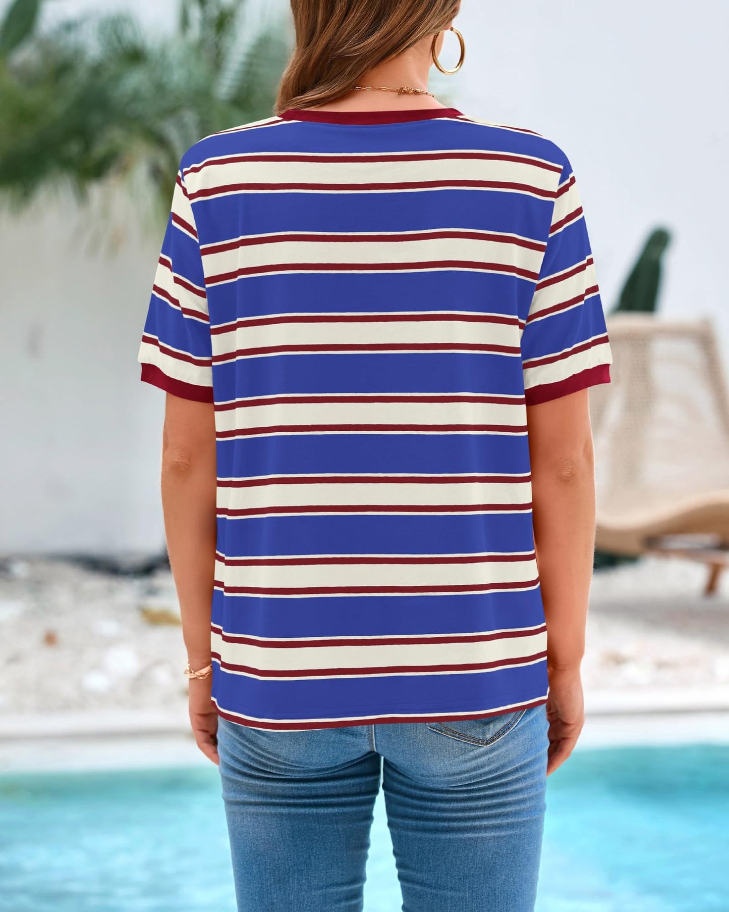 2025 Summer Round Neck Loose Top Striped Color Clash Short Sleeve T-Shirt