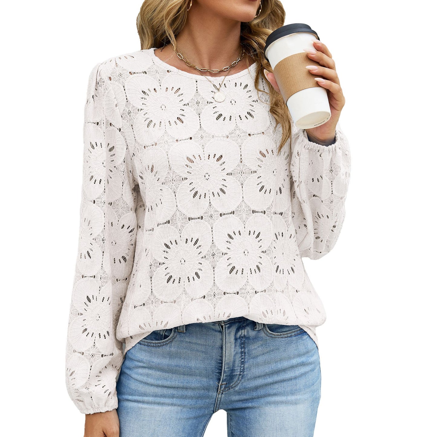 Eyelet Lace V Neck Top Long Sleeve Loose Casual Blouse