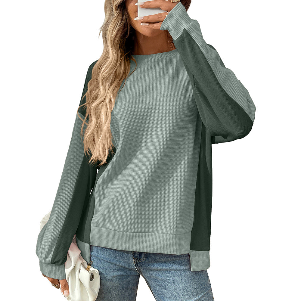 Colorblock Waffle Knit Crewneck Long Sleeve Top Women