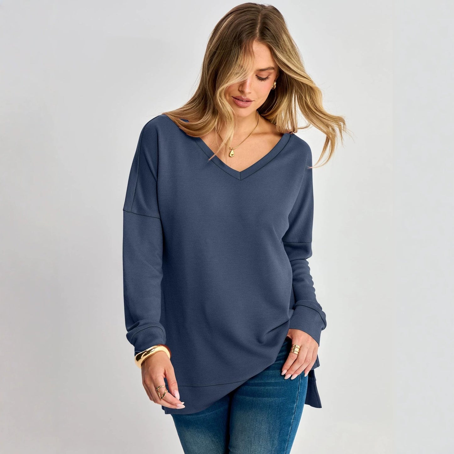 Waffle Knit V Neck Top Relaxed Long Sleeve