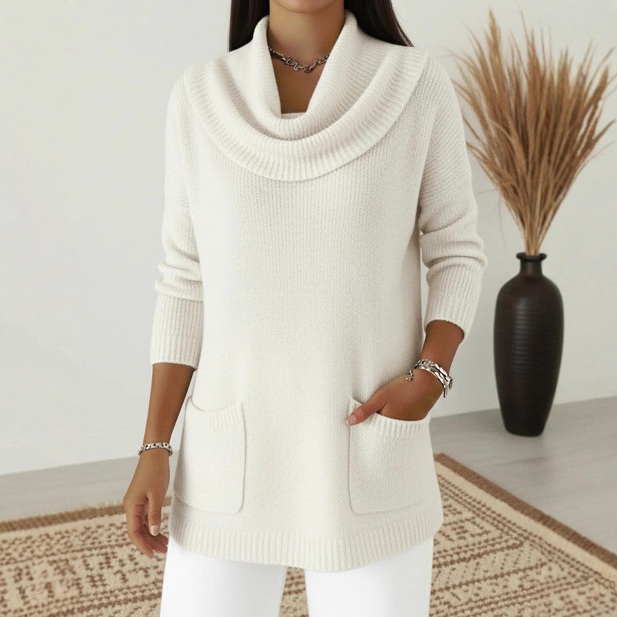 Tunic Sweater Cowl Neck Long Sleeve Top with Pockets