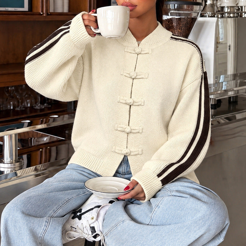 Women's Oversized Chunky Striped Frog Button Cardigan