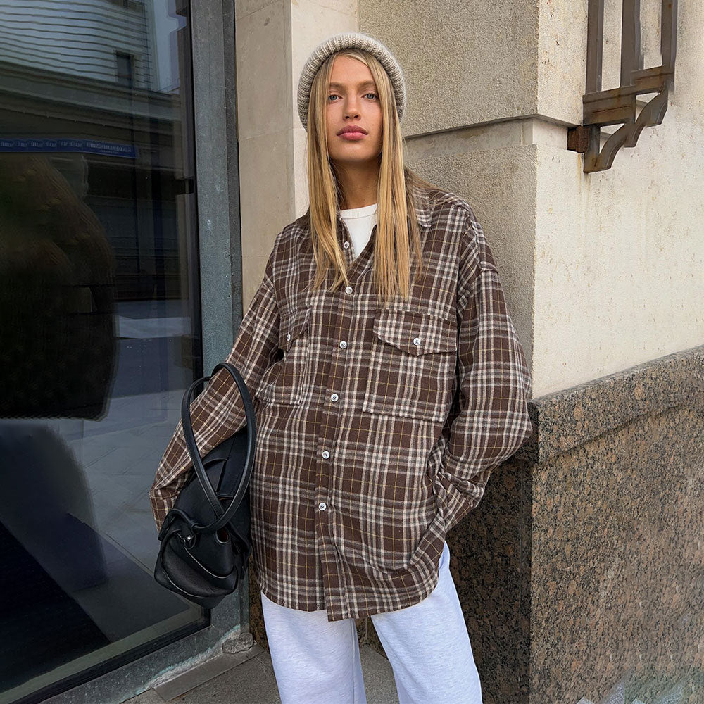 Plaid Button-Down Shirt with Flap Pockets  Oversized Fit