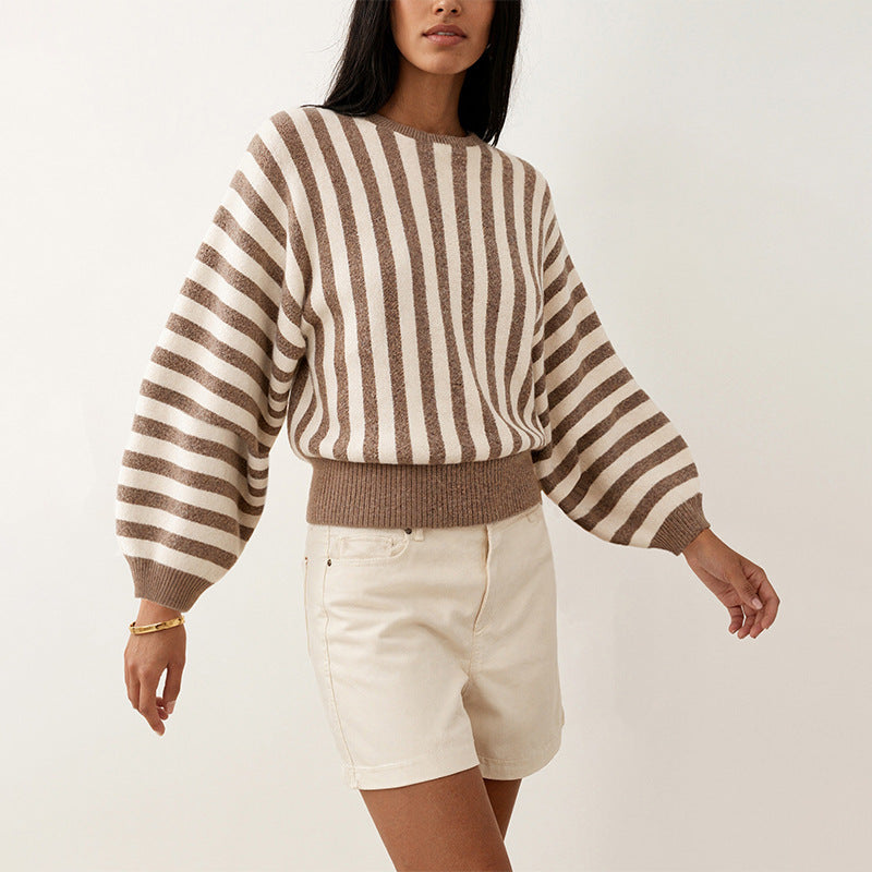 Women's Striped Color Block Crew Neck Sweater Top