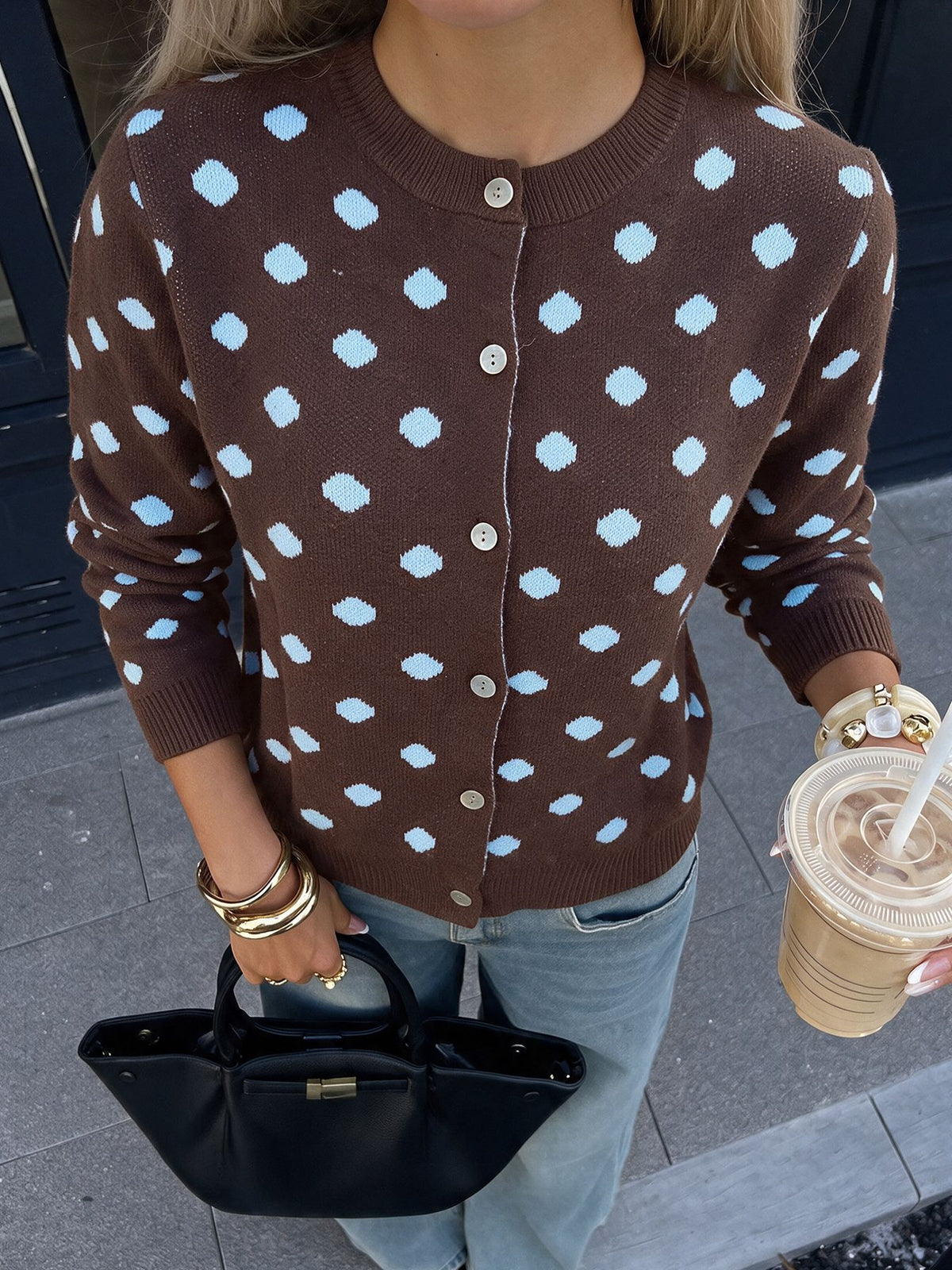 Polka Dot Knit Cardigan Button Front Long Sleeve Sweater