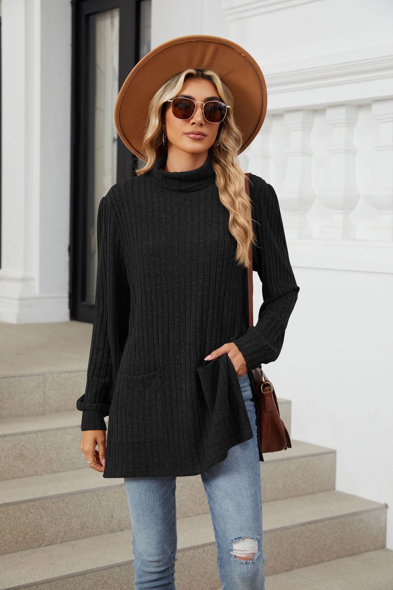 Half Turtleneck Loose Split Pocket T-shirt Top