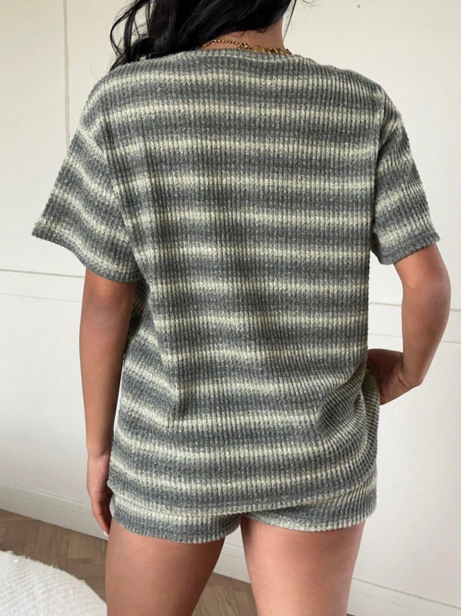 Striped Knit Lounge Set Boutique Shorts Fitted Ribbed
