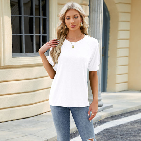 Solid Cotton Blend Tee Casual Boutique Button Sleeve