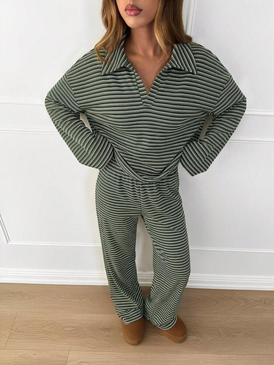 Striped Lounge Set Casual Collared Pullover Wide Leg Pants