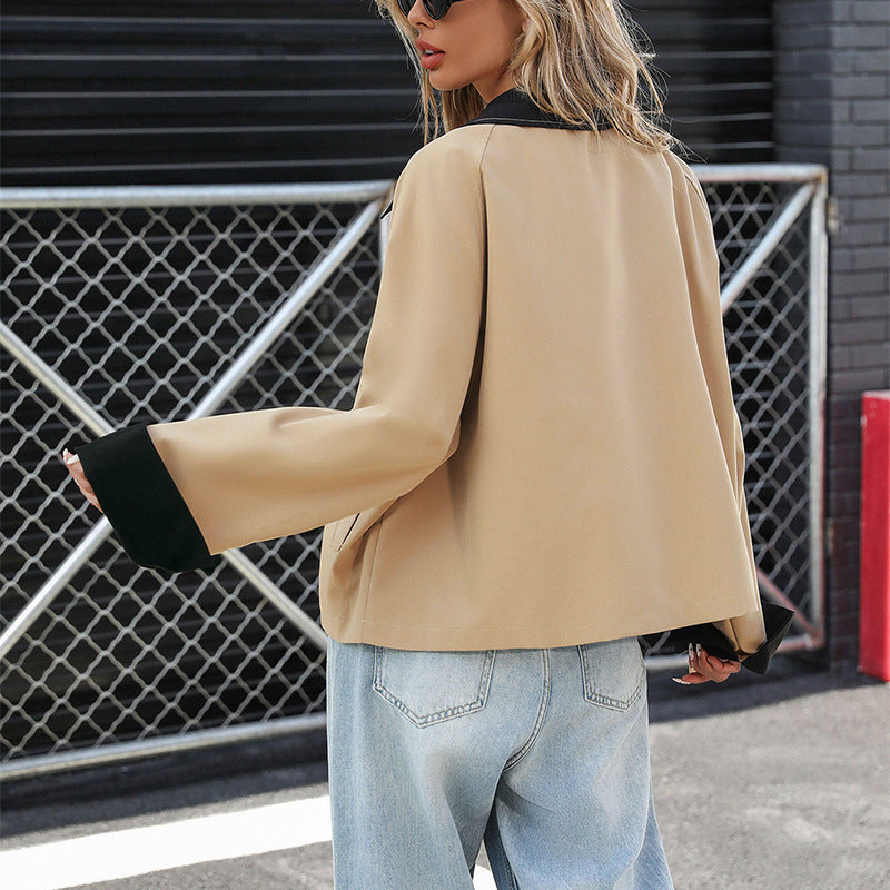 Contrast Collar Colorblock Cropped Lightweight Jacket