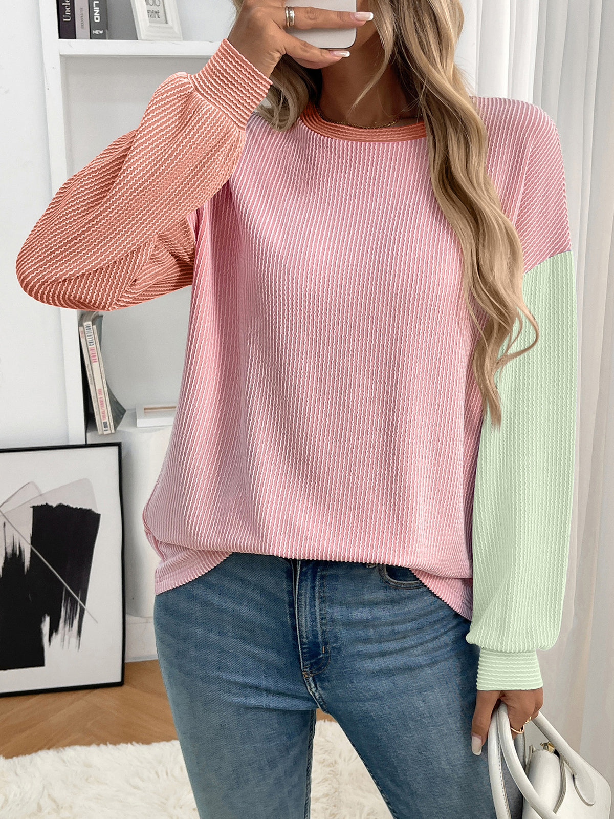 Women's Color Block Oversized Crewneck Pullover Top