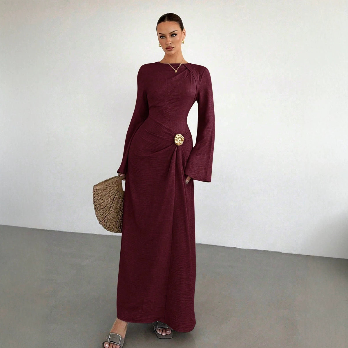 Women's Bell Sleeve Ruched Maxi Dress Gold Button