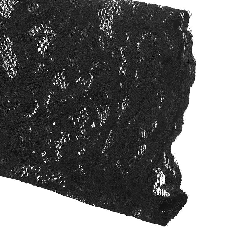 Black Square Neck Lace Long Sleeve Crop Top