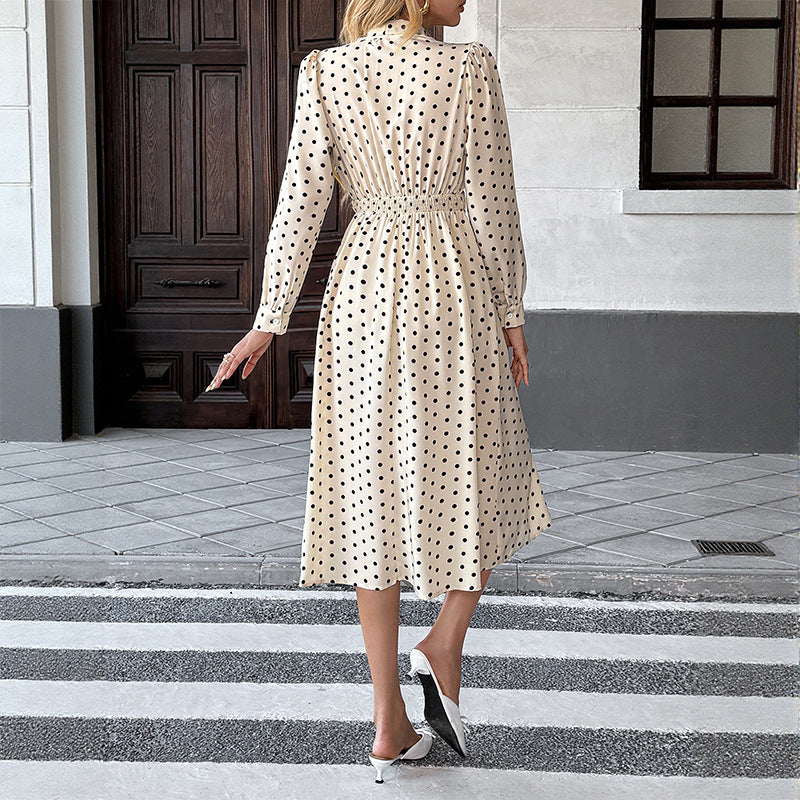Polka Dot Bow Tie Neck Dress Long Sleeve Vintage Midi