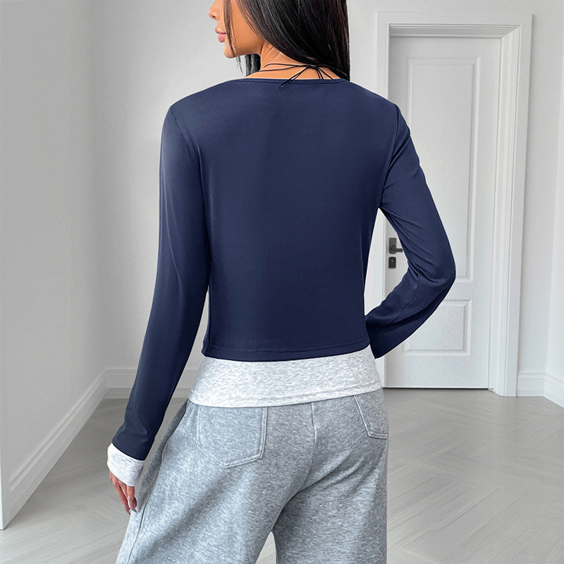 Colorblock Fake Two Piece Slim Fit Long Sleeve Top