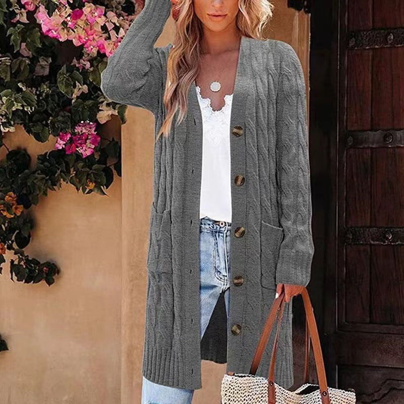 Women's Long Cable Knit Cardigan Button Down Pockets
