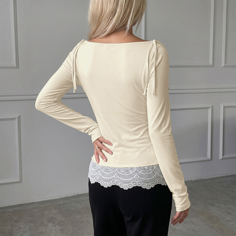 Solid Knit Top Romantic Slim Cowl Lace Trim